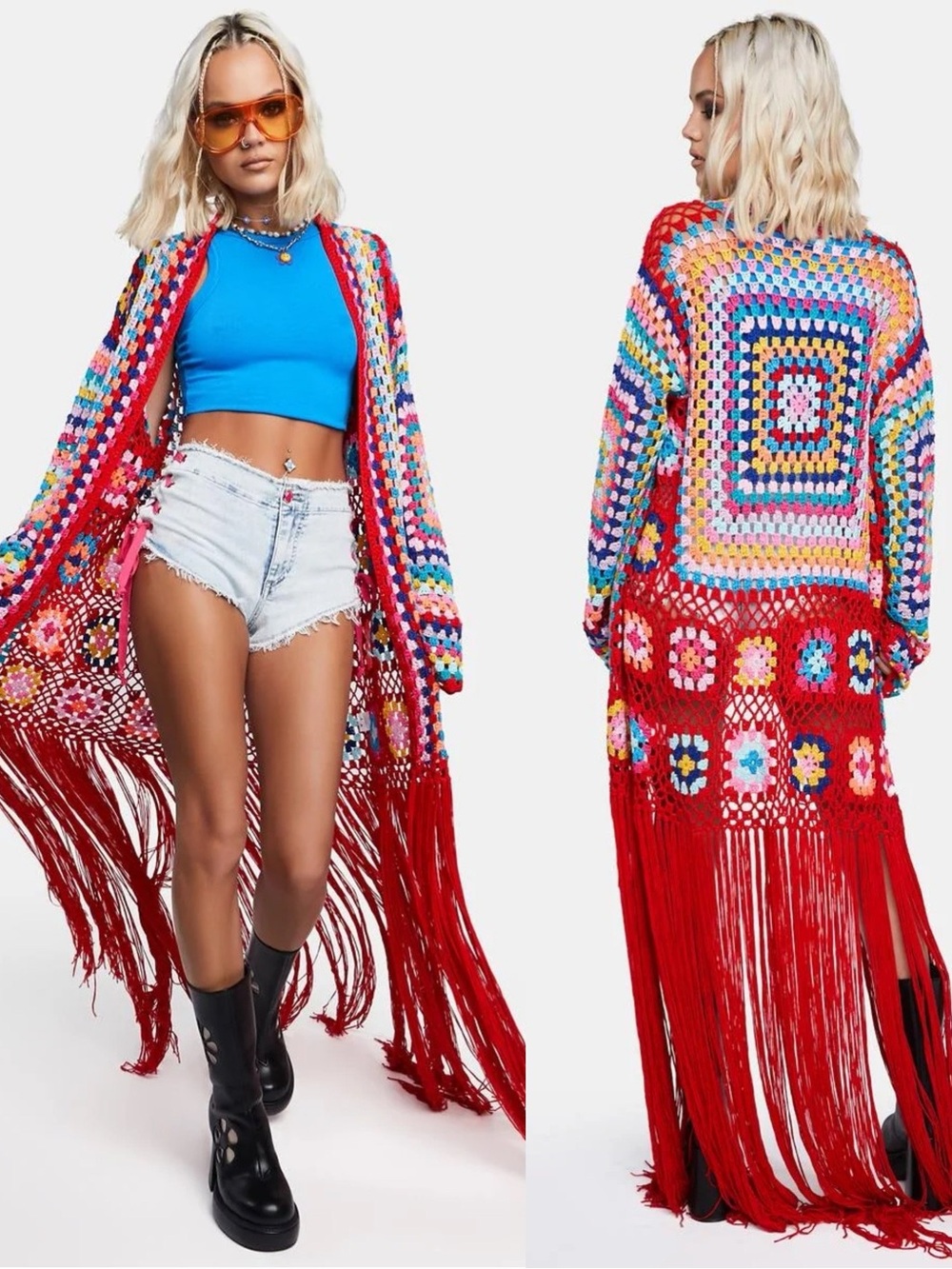 NWT No 1 Los Angeles Multicolor Granny Square Crochet Fringe Maxi Duster Small